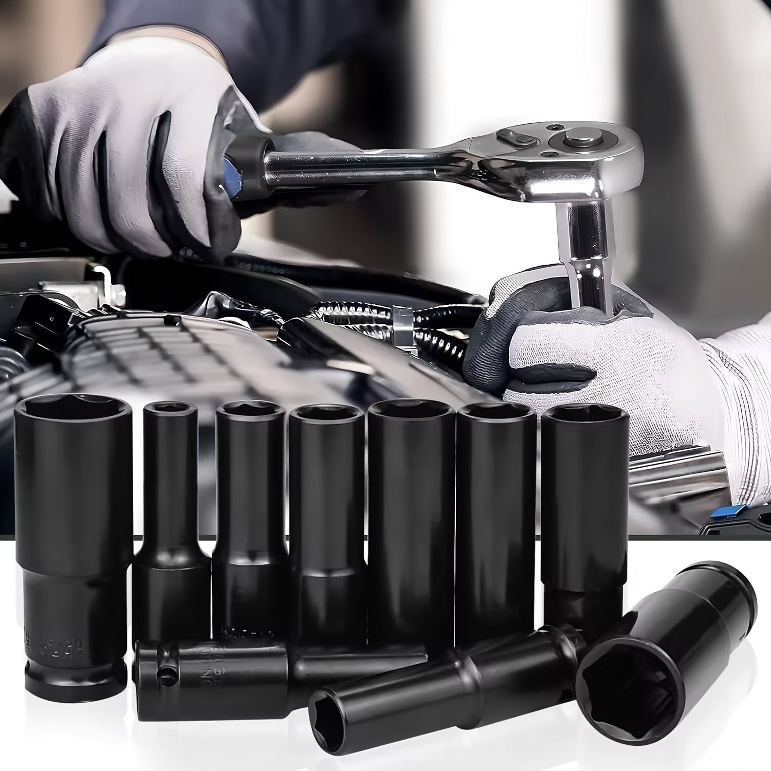 10Pcs Socket Head Set 10-24mm with Impact Wrench Adapter Heavy-Duty Carbon Steel