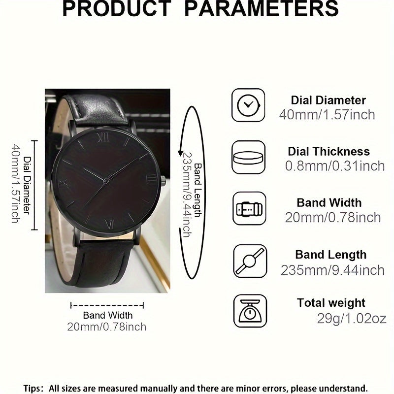 Black Round Quartz Watch with PU Leather Strap Alloy Dial and Pointer for Women and Men