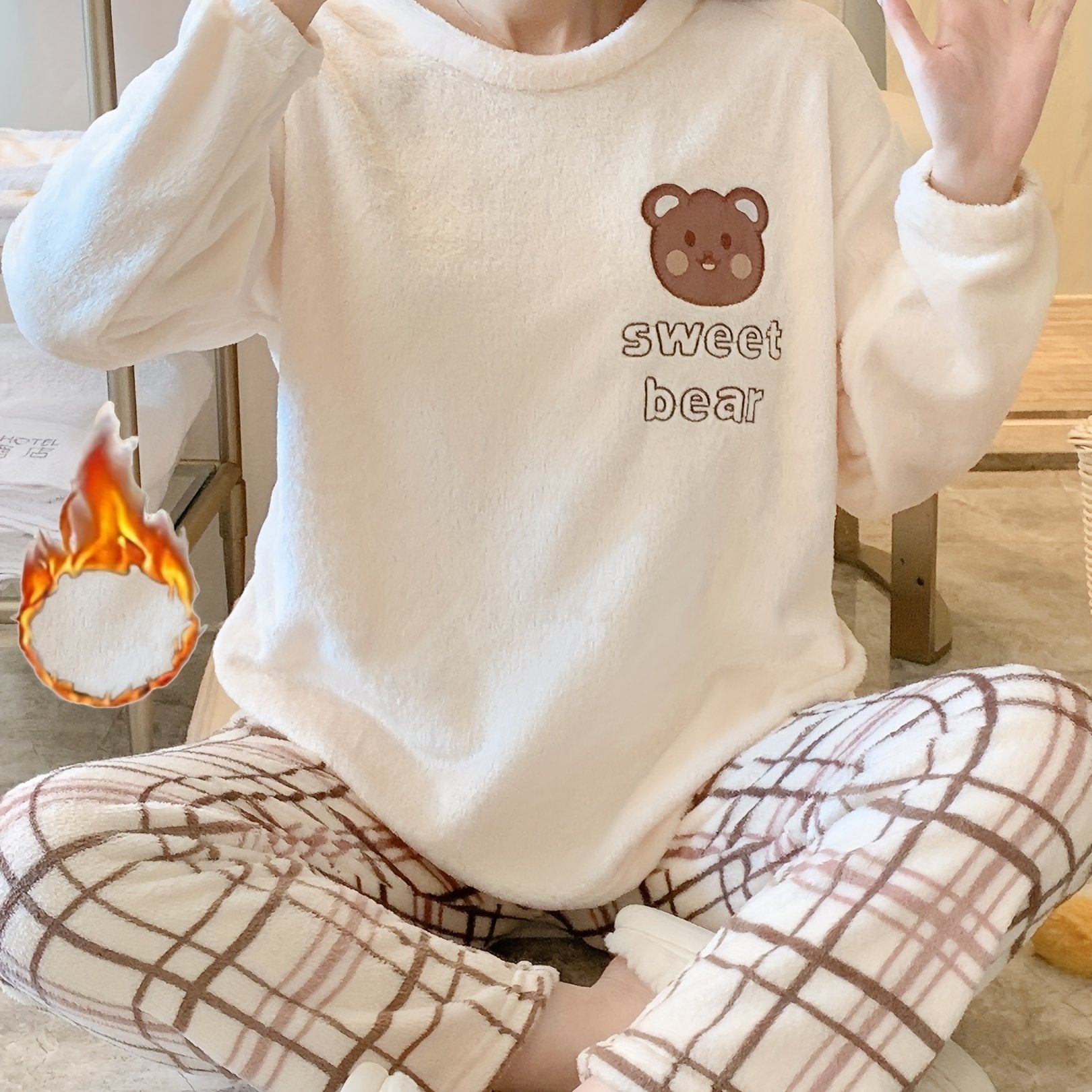 Women's Teddy Bear Pattern Pajama Set Long Sleeve Plaid Pants Winter