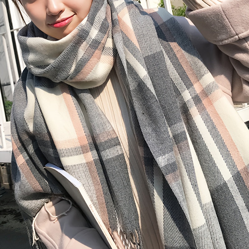 Stylish British-Inspired Plaid Scarf Set for Couples Warm Winter Shawls Blue White Pink
