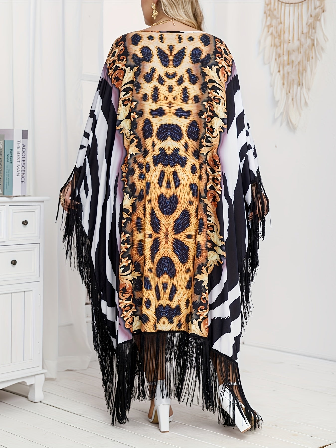 Plus Size Women's Bat Sleeve Tassel Panel Dress Loose Summer Fashion