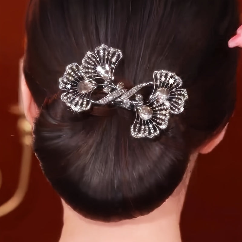Women Ginkgo Leaf Hair Clip Vintage Style Silver Blue Hair Accessory for Updo and Bun Hairstyles