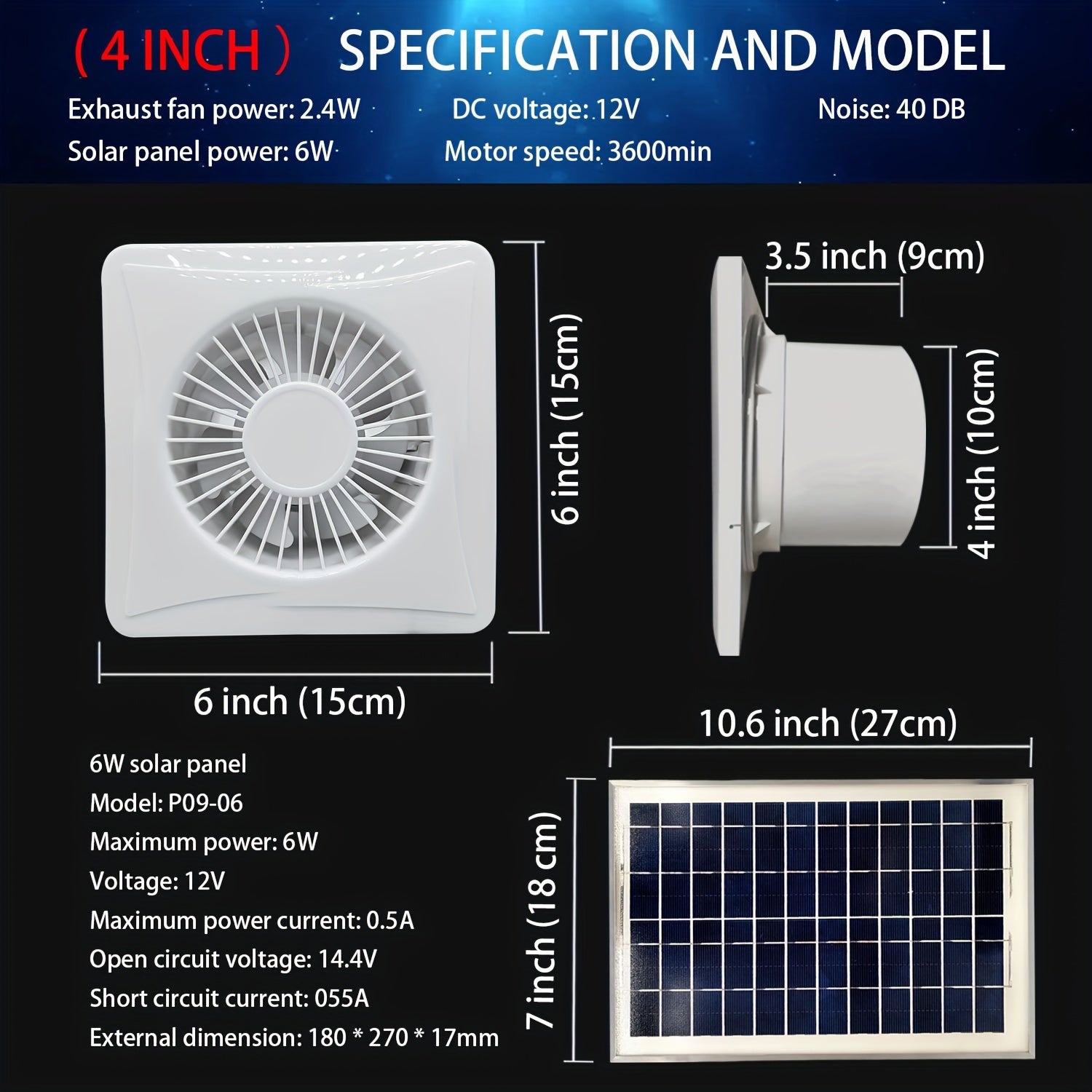 4-Inch Solar Exhaust Fan with 6W Solar Panel and Mounting Bracket