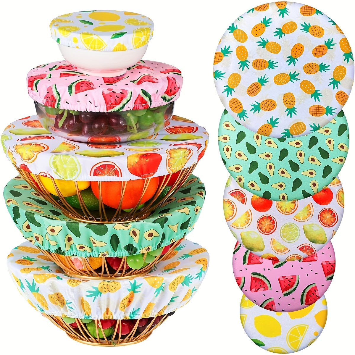 Set of 5 Elastic Polyester Bowl Covers, Stretchy and Reusable Fabric Lids for Food Storage, Perfect for Kitchen Jars and Containers, Safe for Food Contact, Various Designs Included