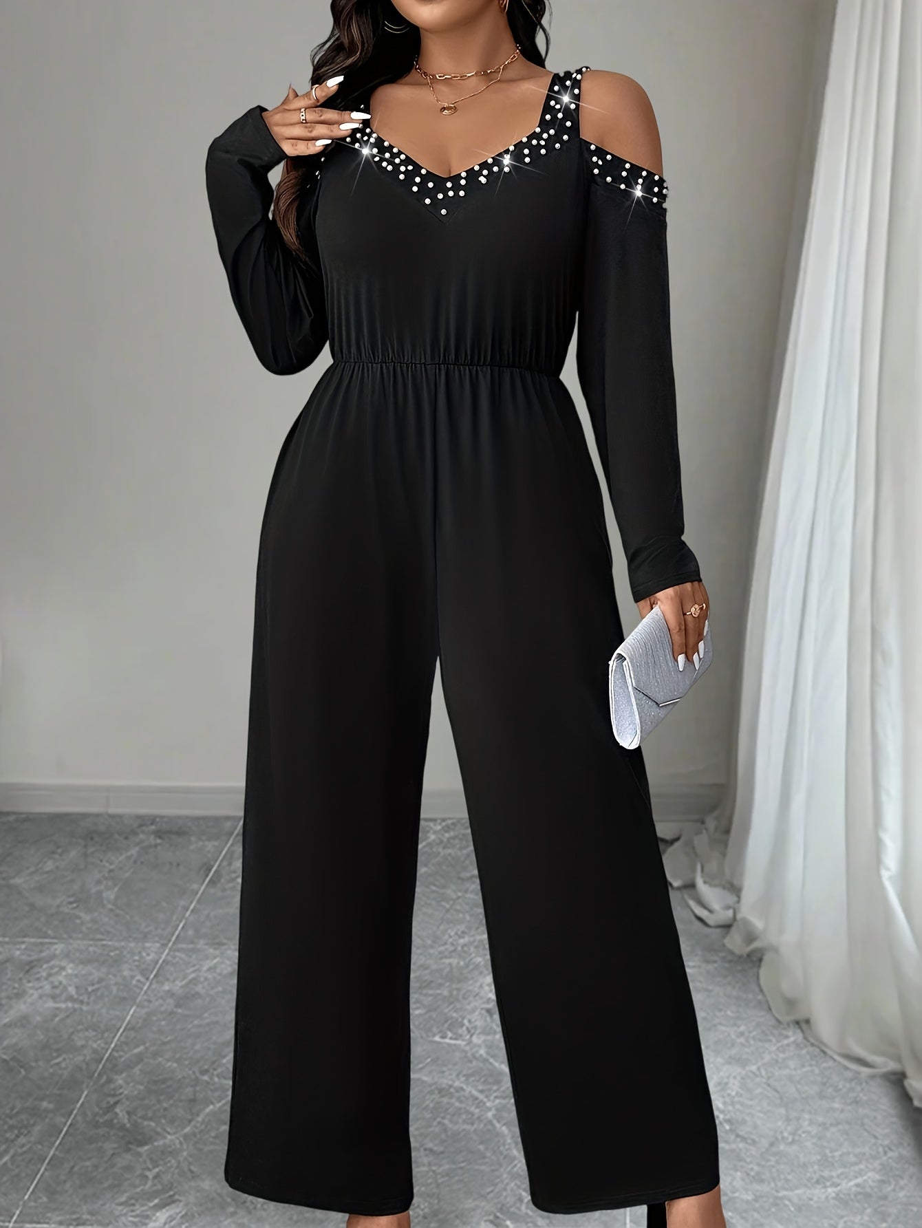 Plus Size Solid Cold Shoulder Jumpsuit Beaded Cinched Waist Women