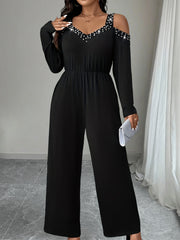 Plus Size Solid Cold Shoulder Jumpsuit Beaded Cinched Waist Women