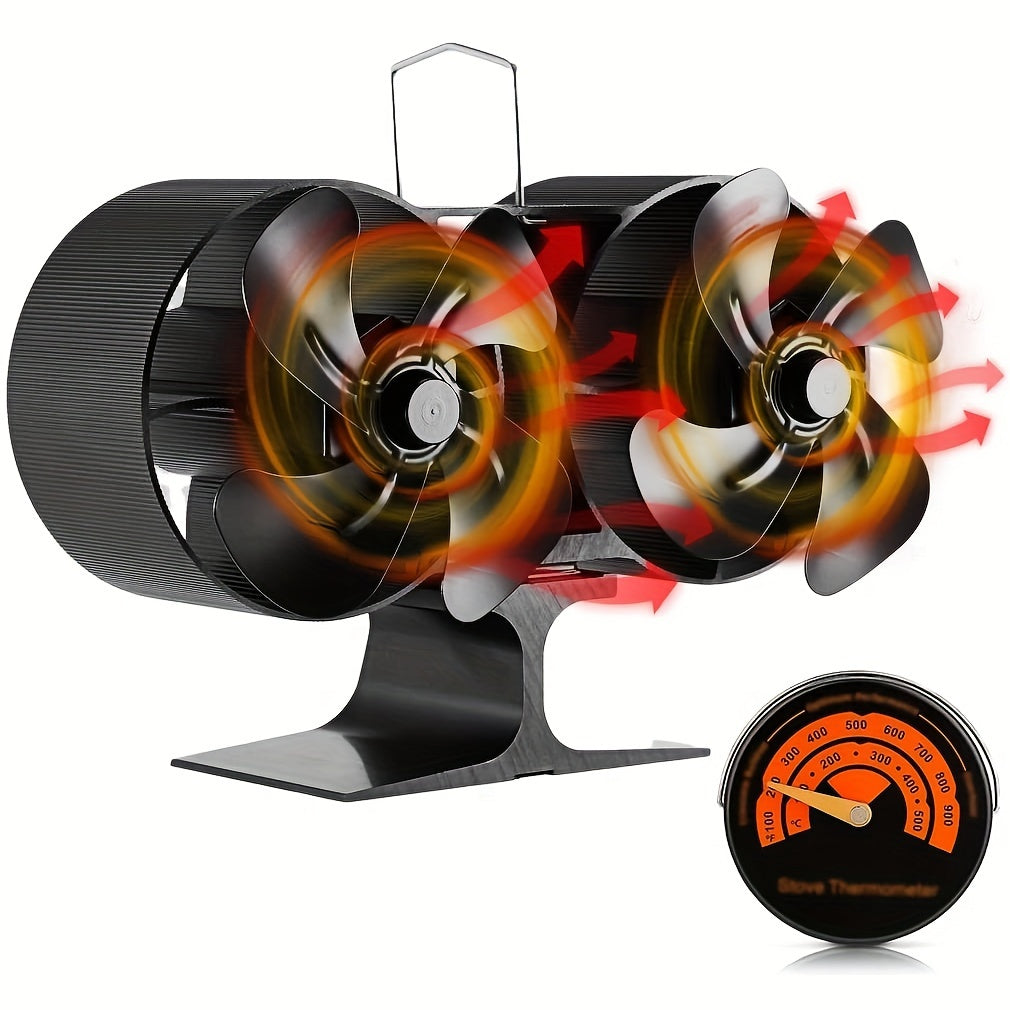 Wood Stove Heater Set with 8 Fans, Magnetic Thermometer, Dual Motor, Non-Electric Fireplace Fan