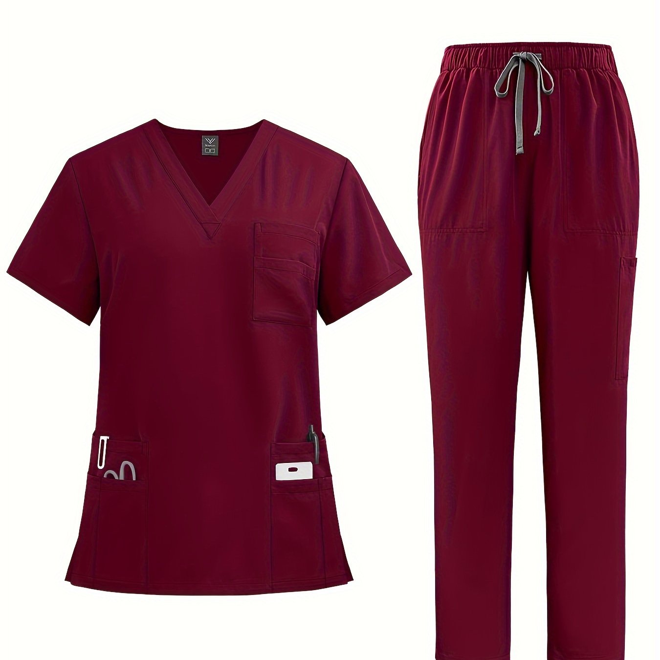 Polyester Spandex Scrubs Set with V-Neck Shirt and Straight-Leg Pants for Nurses and Surgeons