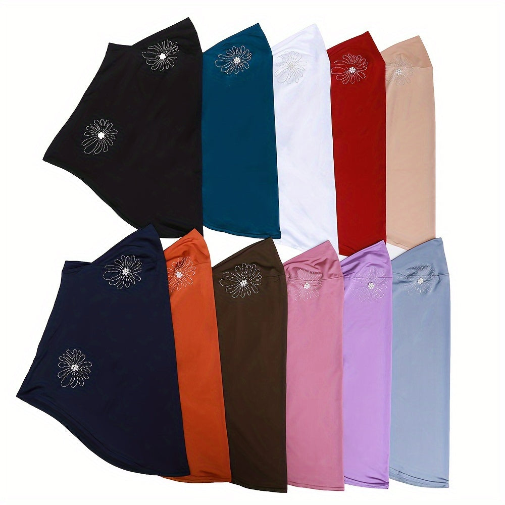 Women's Solid Color Elastic Polyester Hijab with Rhinestone and Pearl Accents