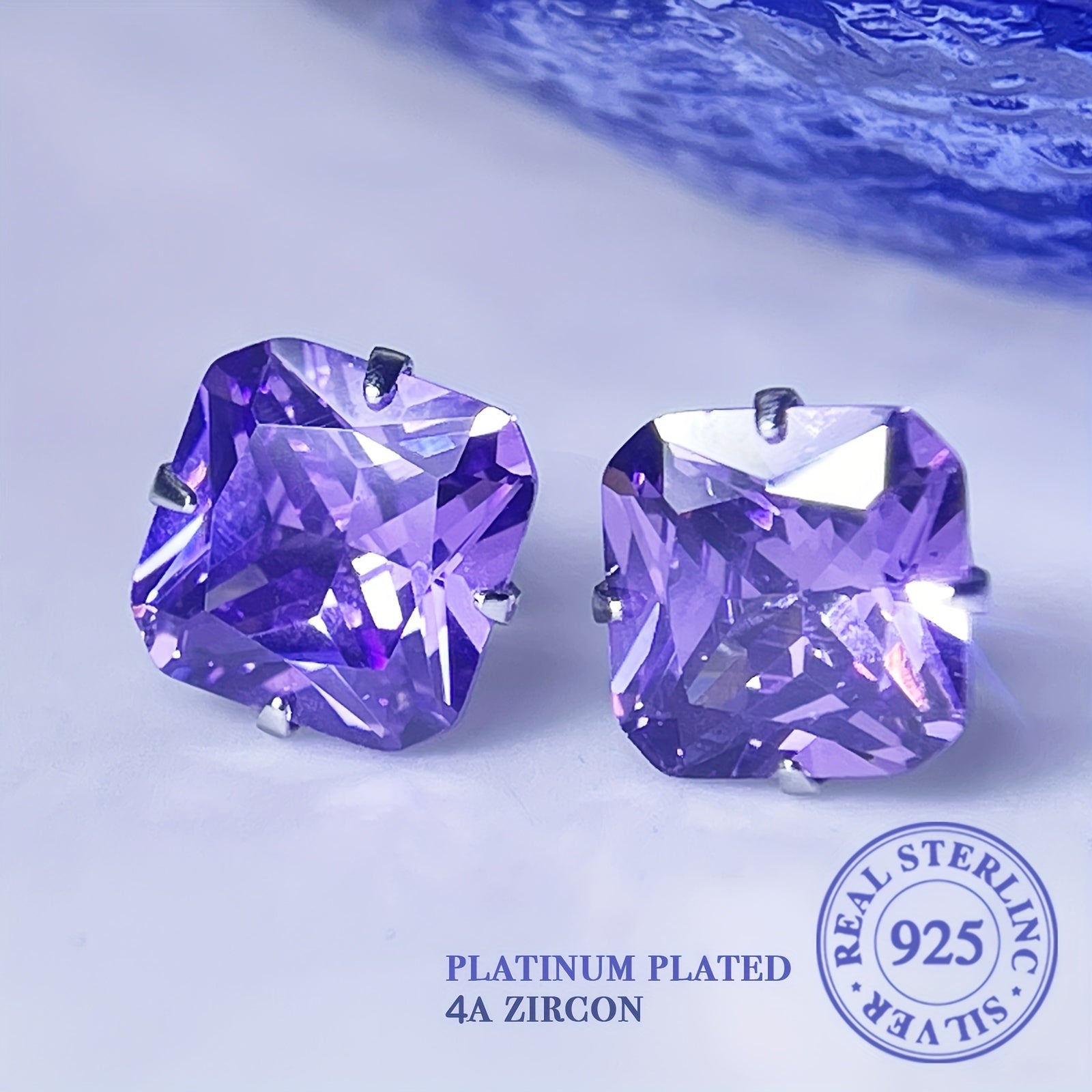 Sterling Silver Square Stud Earrings with Purple Zirconia Inlays for Wedding and Formal Wear