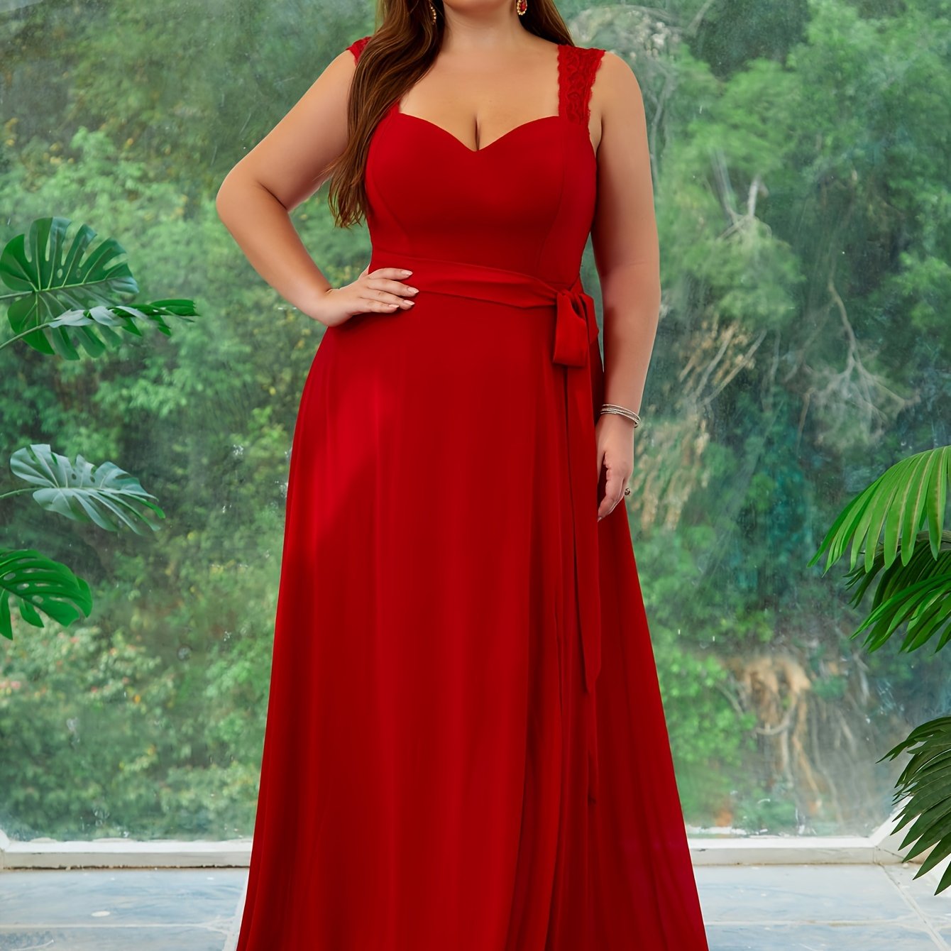 Plus Size Women Lace Evening Prom Dress Formal Gown with High Slit