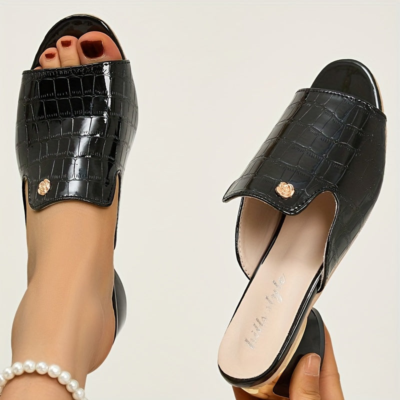 Women's Plus Size Leather Peep Toe Sandals with Chunky Heel