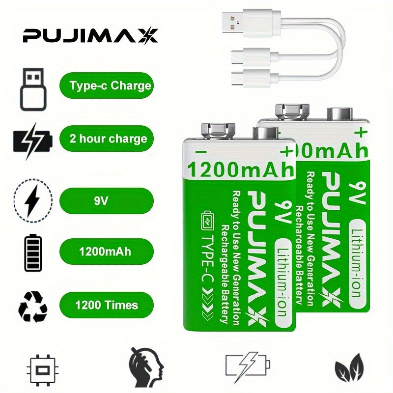 Lithium Battery with Type-C Port Rechargeable 9V Pack of 1 2 or 4