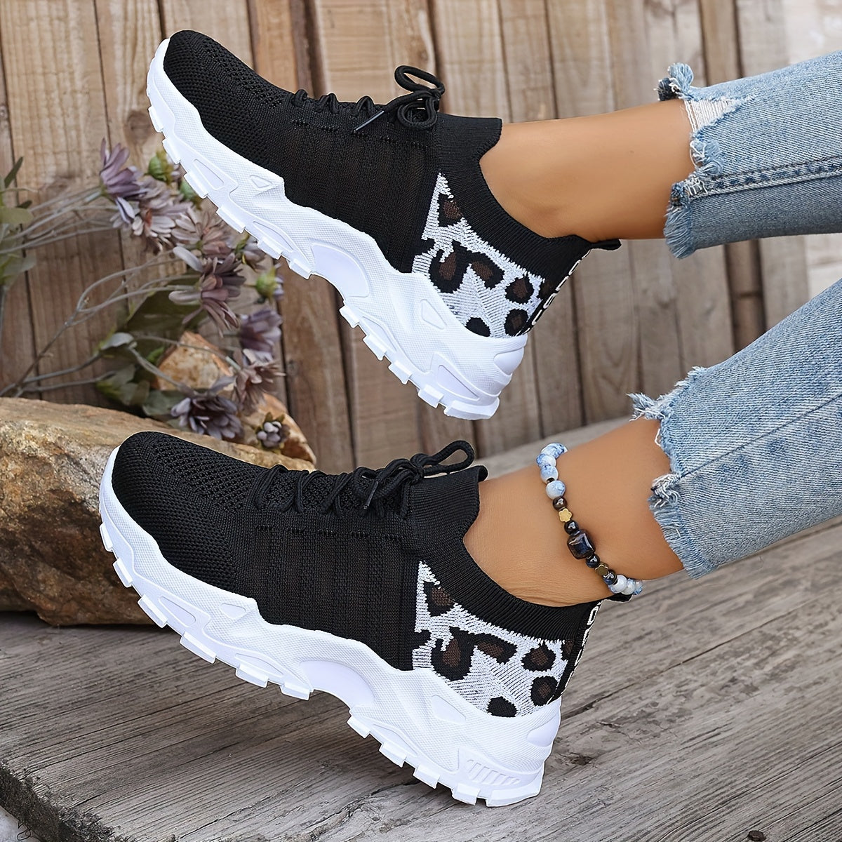 Women's Breathable Mesh Leopard Print Sneakers with Platform Sole and Low-Top Design
