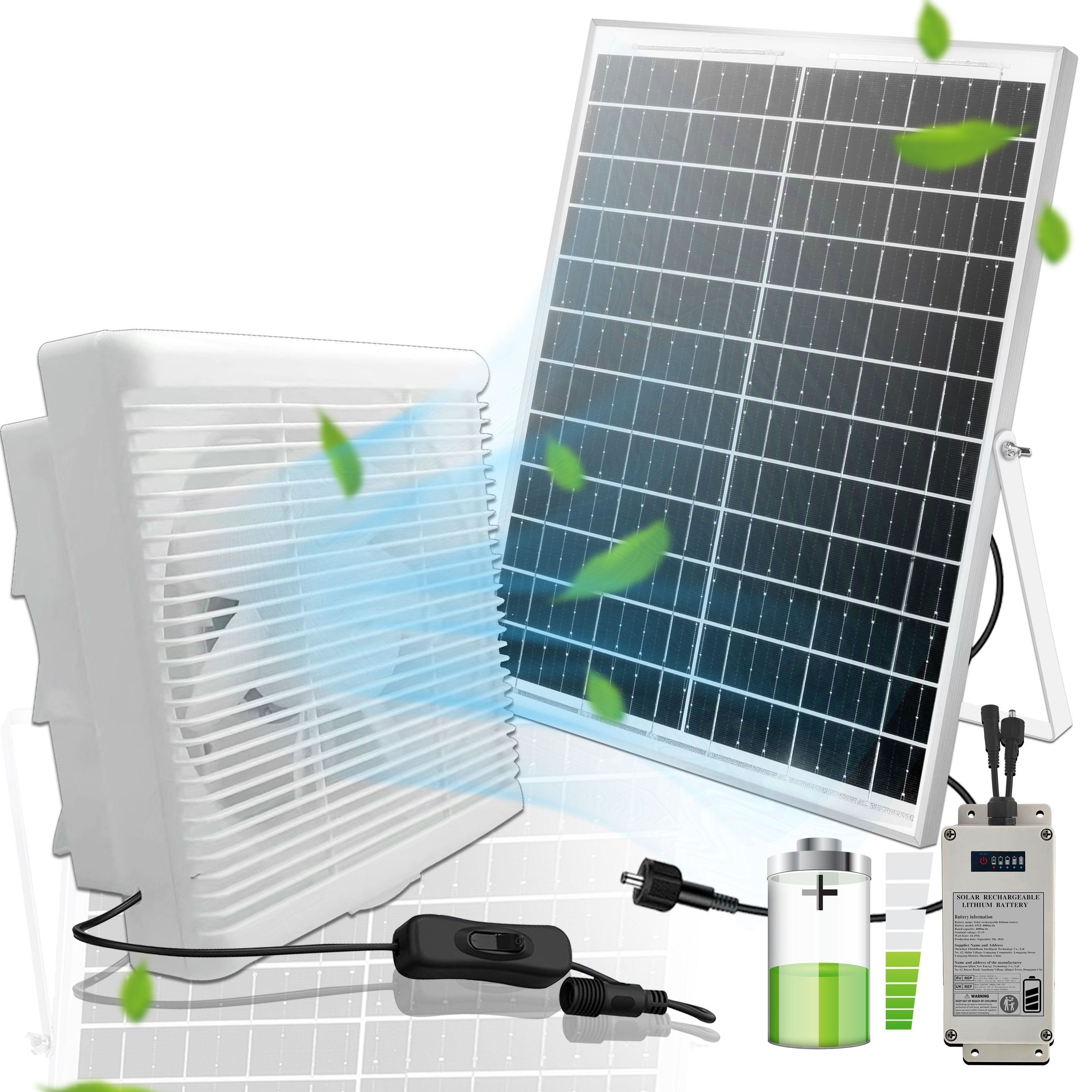 Qayta tiklanadigan batareyali quyoshli ventilyator, 25W quyoshli ventilyator to'plami va 8 dyuymli ventilyator bilan ishlaydi, issiqxona, ichki joylar va kichik binolar uchun mos.