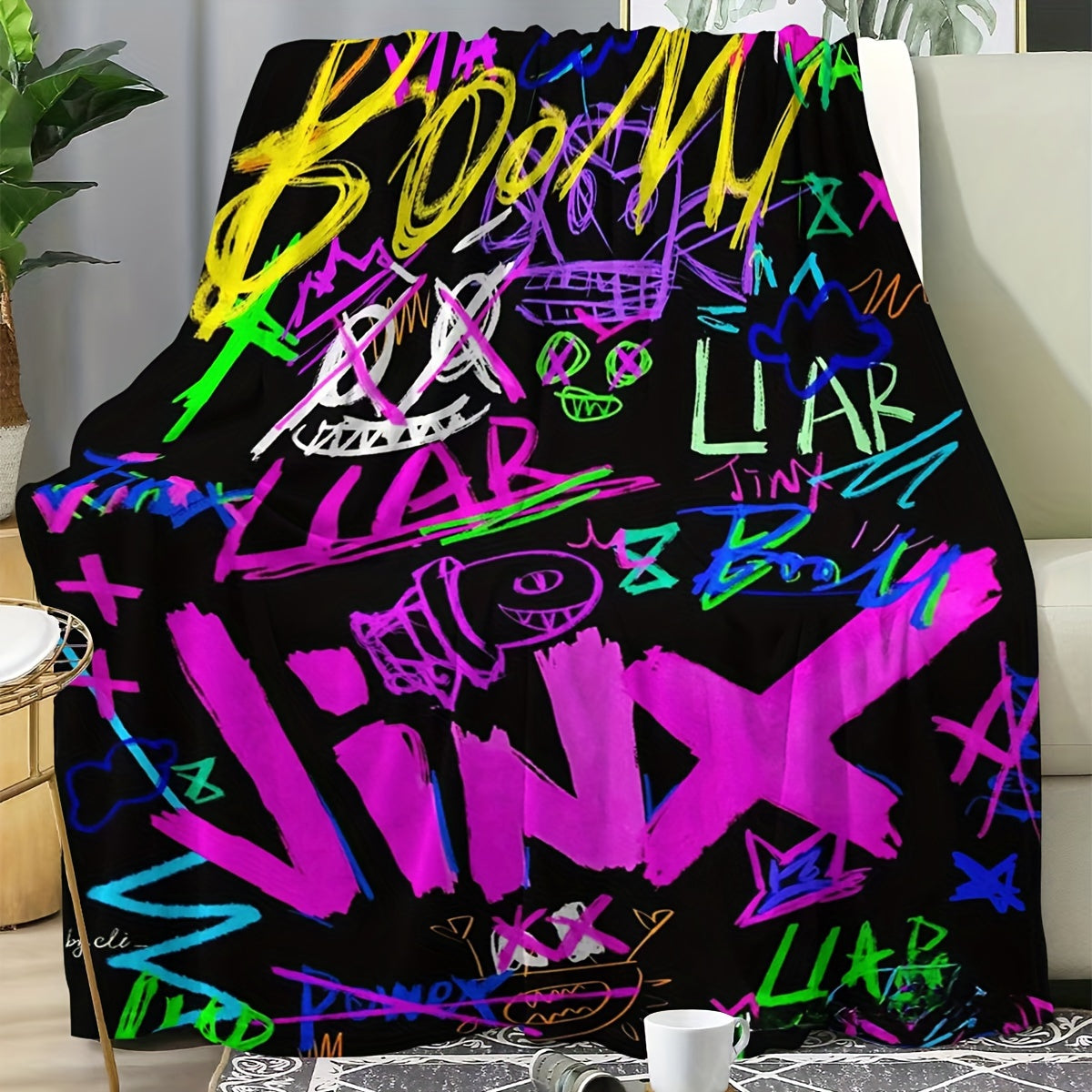Contemporary Graffiti Style Flannel Throw Blanket Lightweight Stain-Resistant for Couch Travel Camping