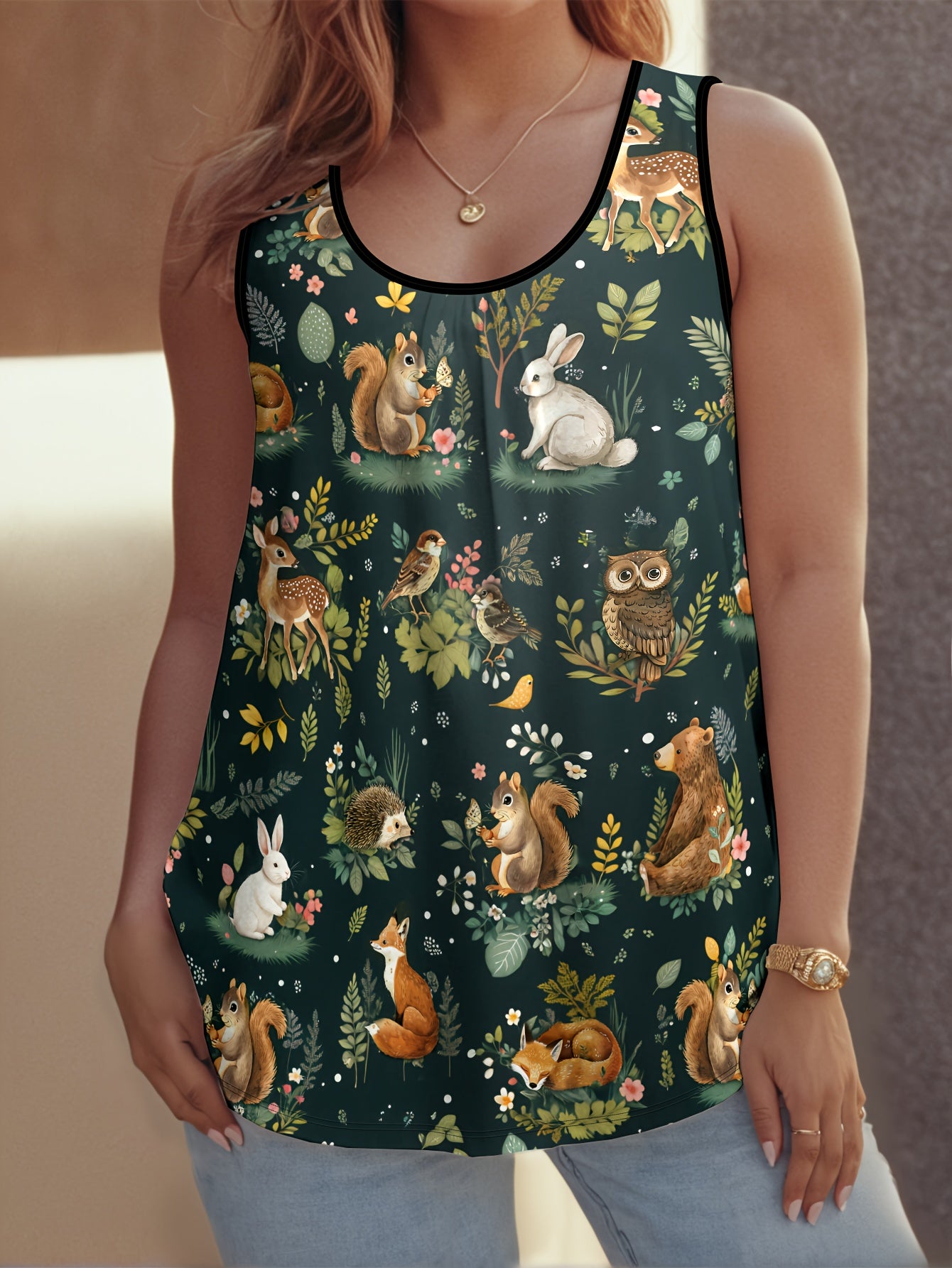 Топ без рукавов для женщин больших размеров с принтом лесных животных, летний повседневный