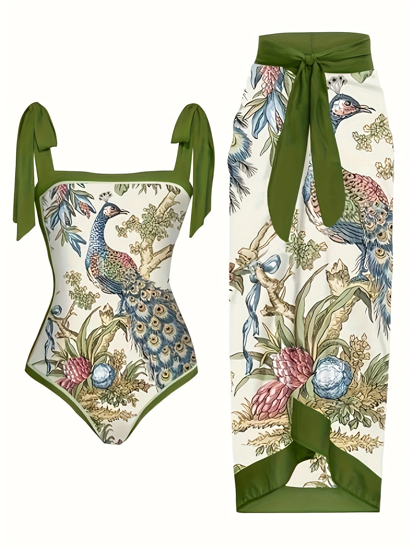 Women's Two-Piece Swimsuit Set with Bird and Floral Print Tummy Control Bathing Suit and Cover-Up Skirt
