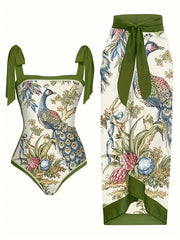 Women's Two-Piece Swimsuit Set with Bird and Floral Print Tummy Control Bathing Suit and Cover-Up Skirt