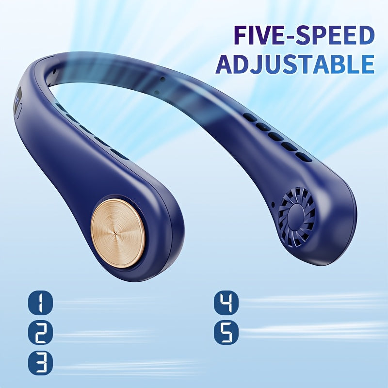 Ventilador de cuello portátil con pantalla digital, 5 velocidades, correa ajustable, recargable por USB
