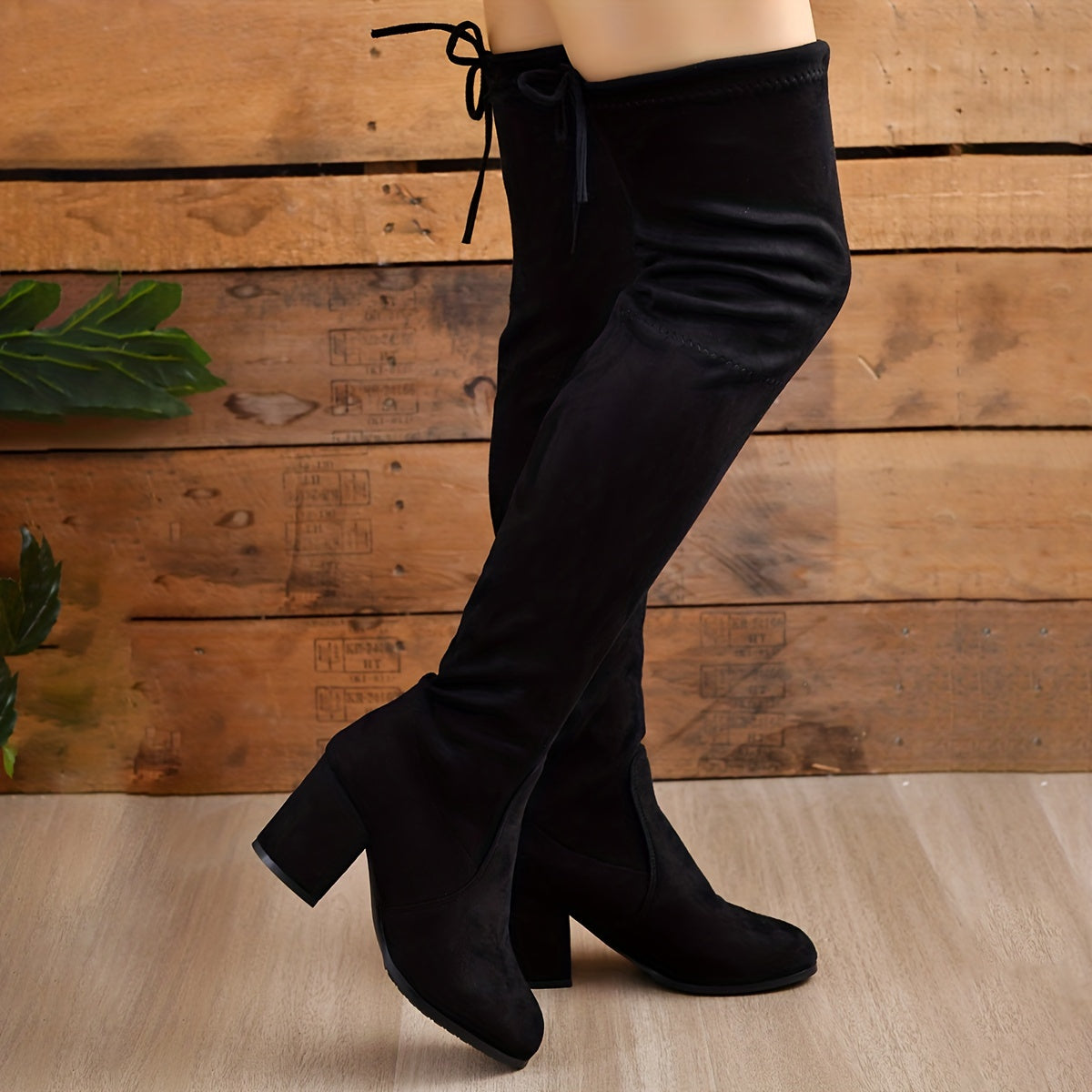 Women's Chunky Heeled Long Leather Boots with Drawstring and Stretch Fitting