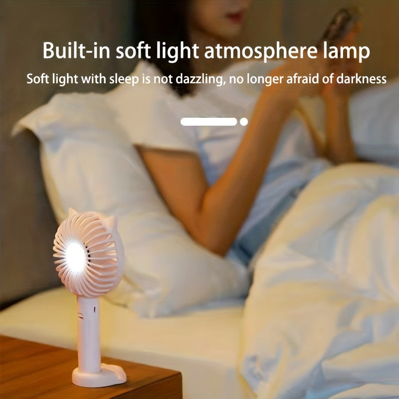 Compact USB Handheld Fan with Bunny Ears, Quiet Operation, Night Light