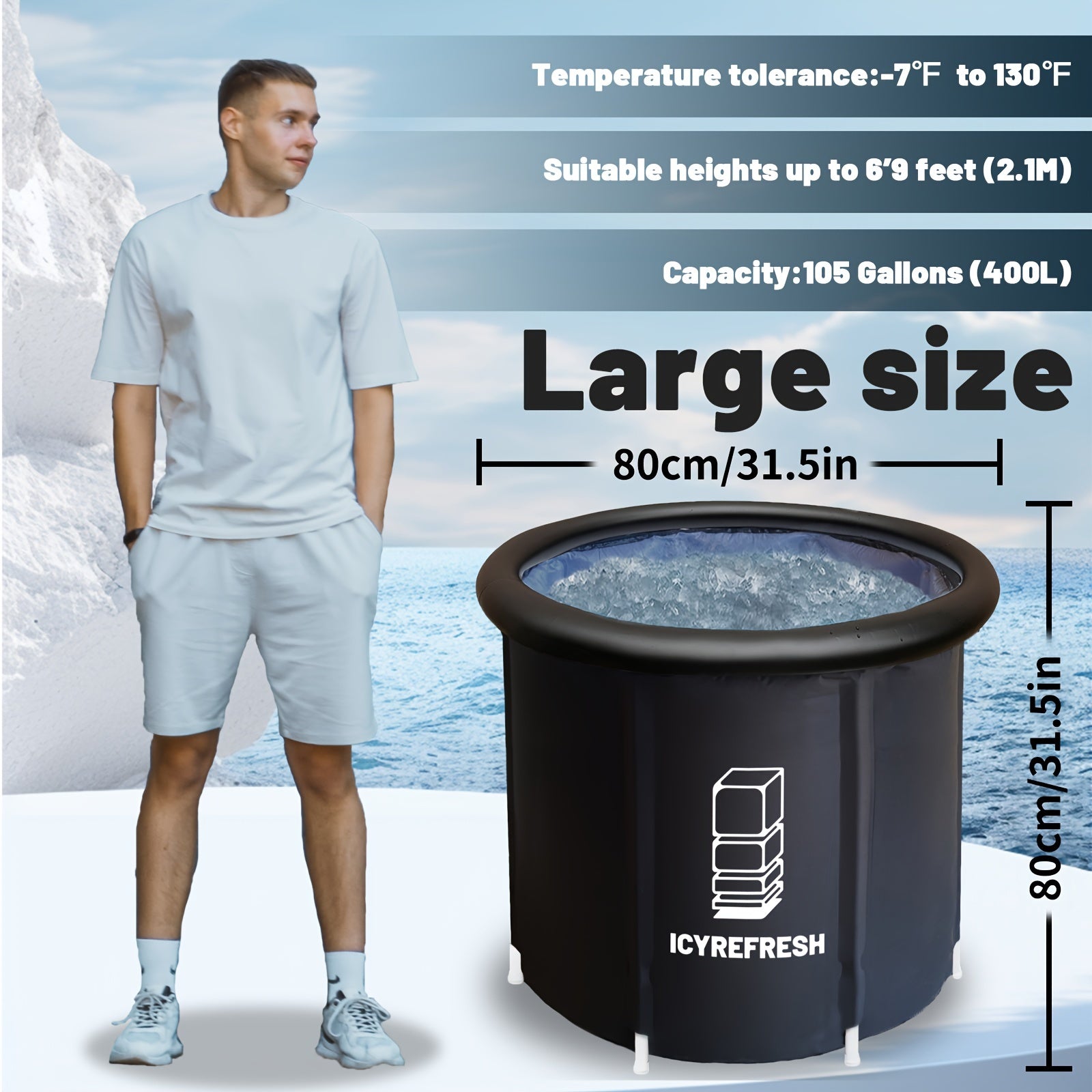 1 dona Katta Muzli Vanna Sportchilar uchun Qopqoq bilan, 105 Gallon (400L) Portativ Sovuq Suv Vannasi Tashqi Saqlash uchun Saqlash Sumkasi bilan.