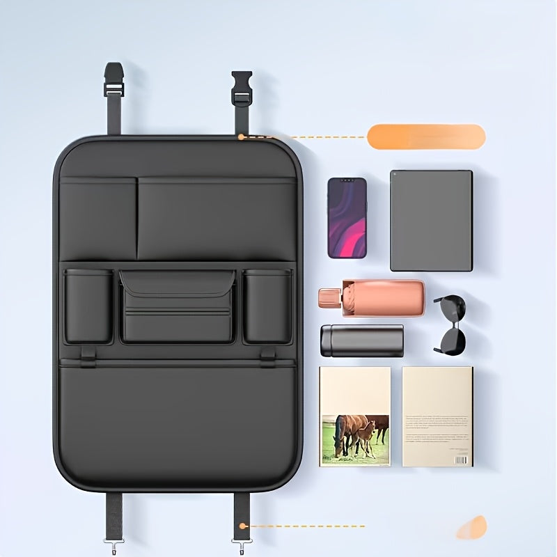 Organizador de respaldo para asiento de coche de cuero PU con múltiples bolsillos, almacenamiento en maletero, negro