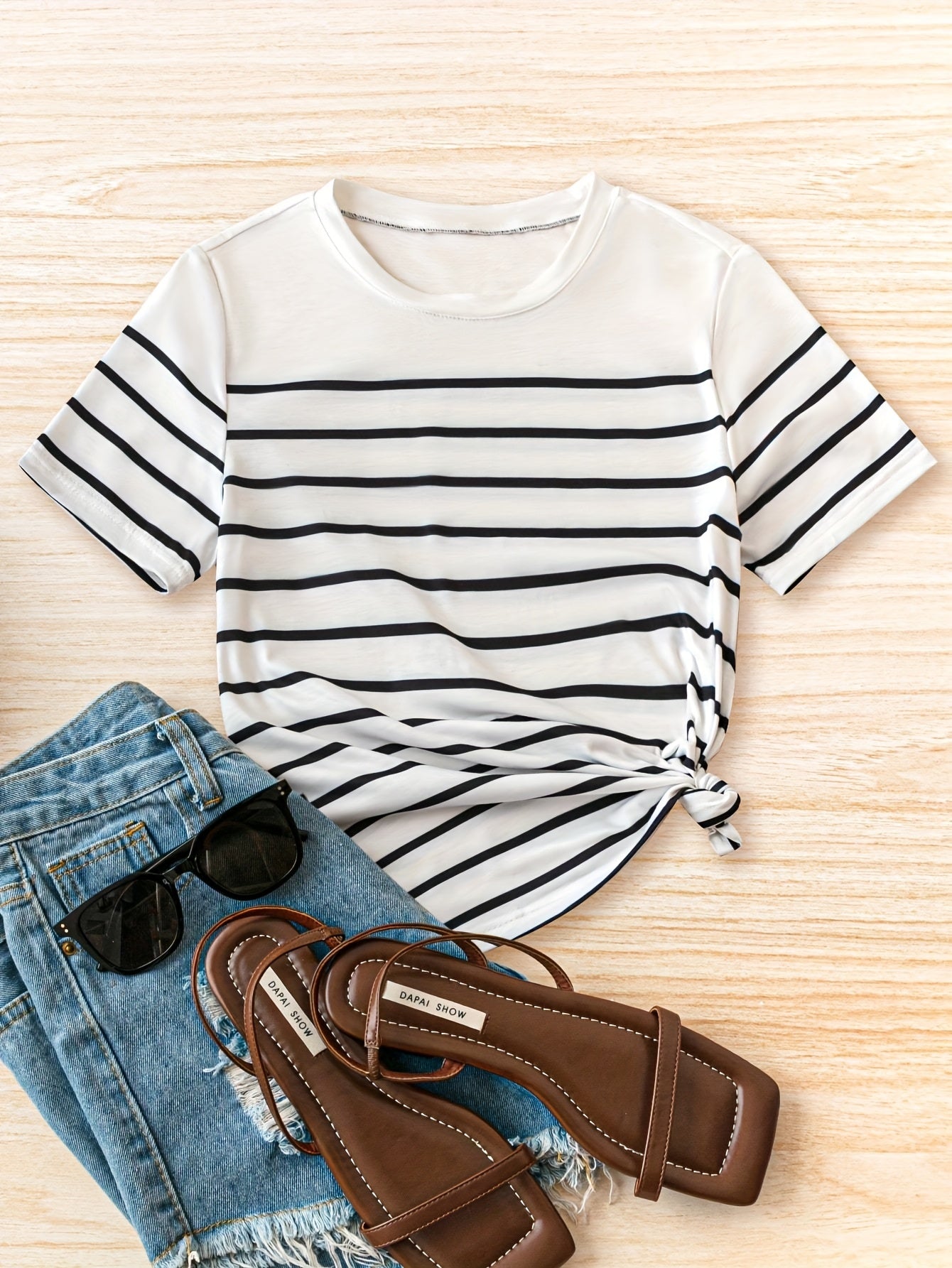 Women's Striped Short-Sleeve Crew Neck T-Shirt Polyester Casual Wear