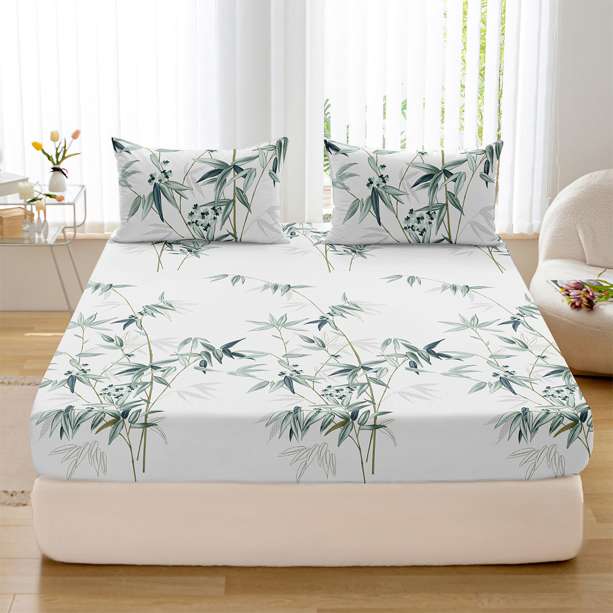 Set of 3 Plant Printed Fitted Sheets Bedding Set Breathable Soft for Bedroom and Guest Room
