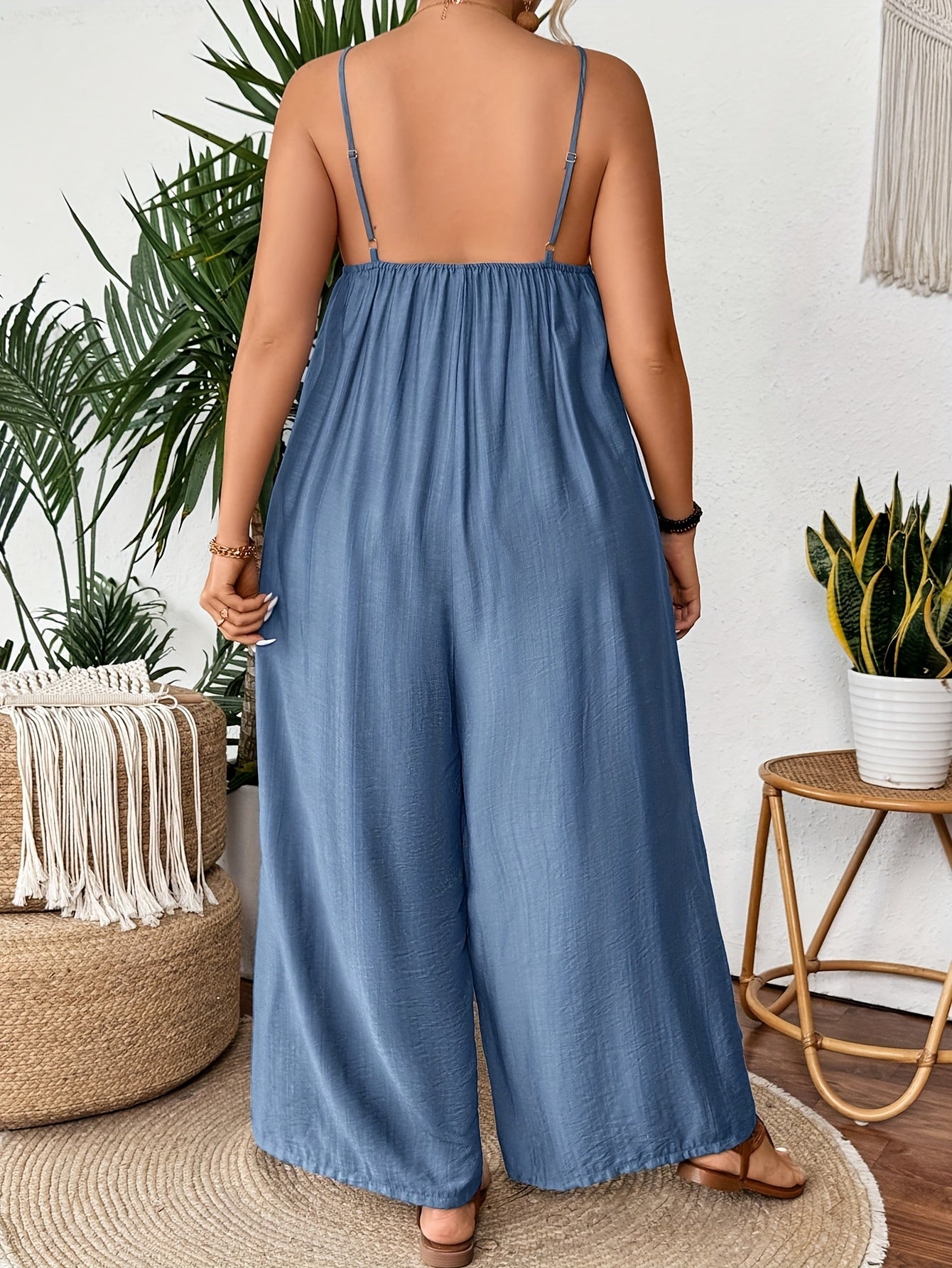 Plus Size Women's Light Blue Wide Leg Jumpsuit with Pockets