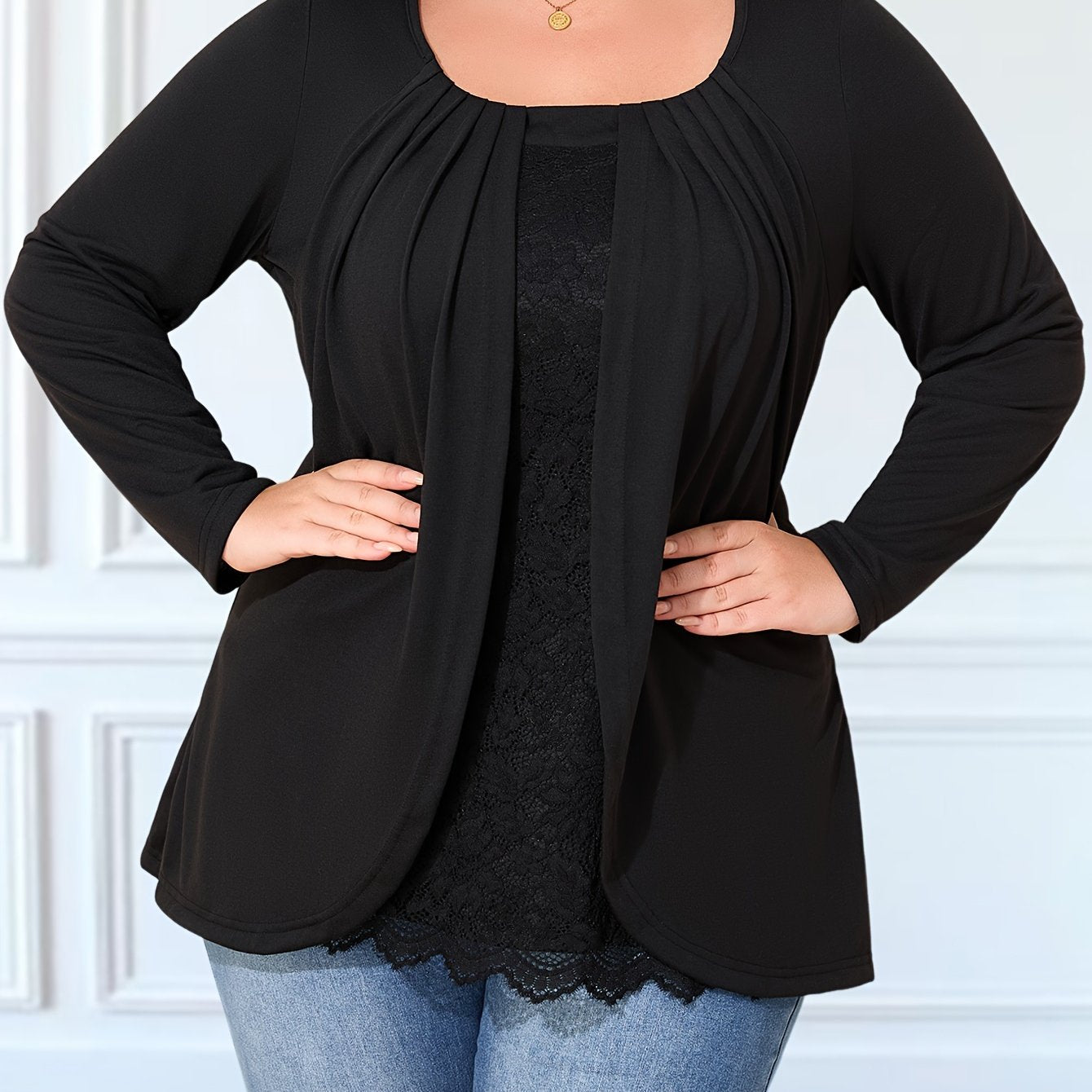 Plus Size Women's Lace Trim Pleated Long Sleeve T-Shirt Casual Summer Opaque