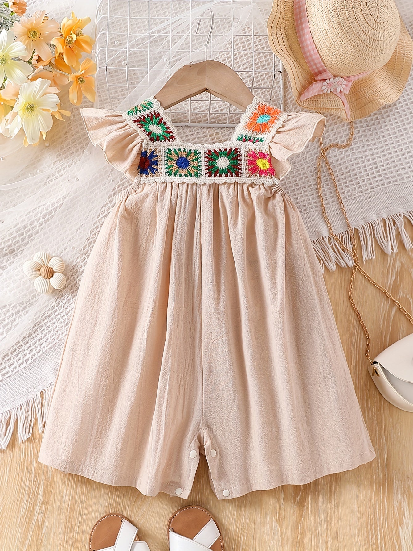 Baby Girl Summer Romper with Ruffle Sleeves and Wide-Leg Skirt Pants for Toddler Girls