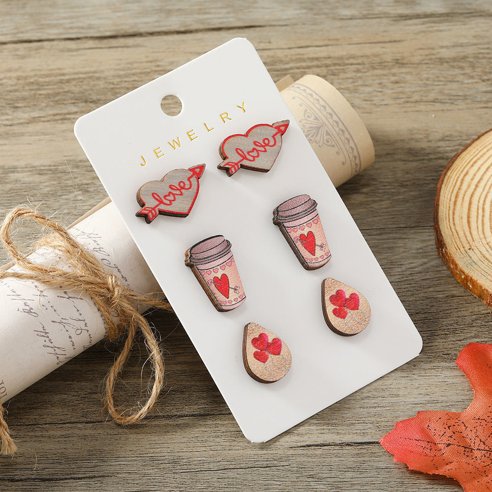 Women's Wooden Earrings Set with Valentine's Day Love and Cupid Designs