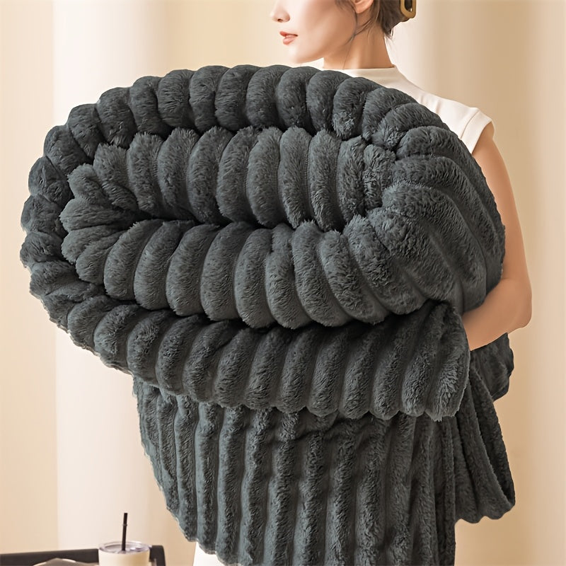 Faux Rabbit Fur Blanket Throw with Striped Flannel for Sofa Bed All-Season Comfort