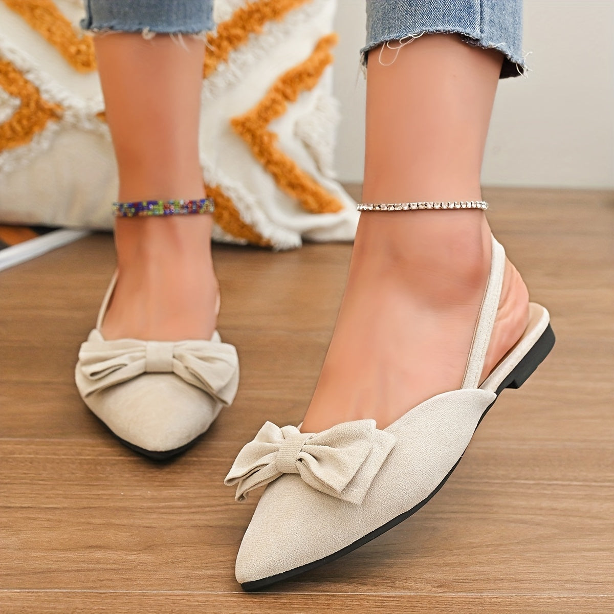 Women's Mary Jane Sandals with Bow Detail Pointed Toe Slip-On Summer Shoes