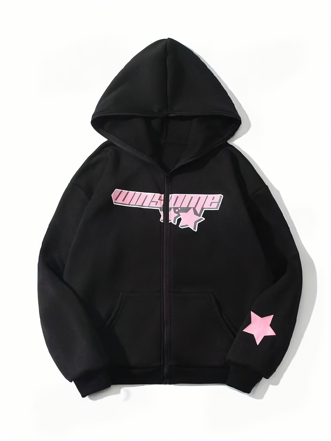 Tween Girls Fleece-Lined Hoodie Jacket with Star and Letter Print for Outdoor Casual Wear