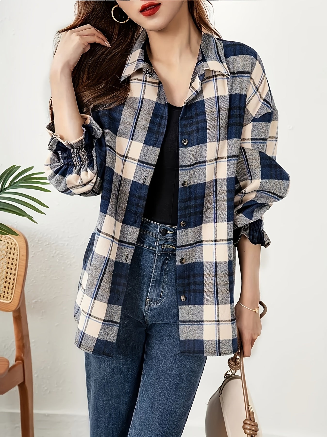 Plus Size Women's Plaid Long Sleeve Button-Up Shirt Casual Fall Blouse