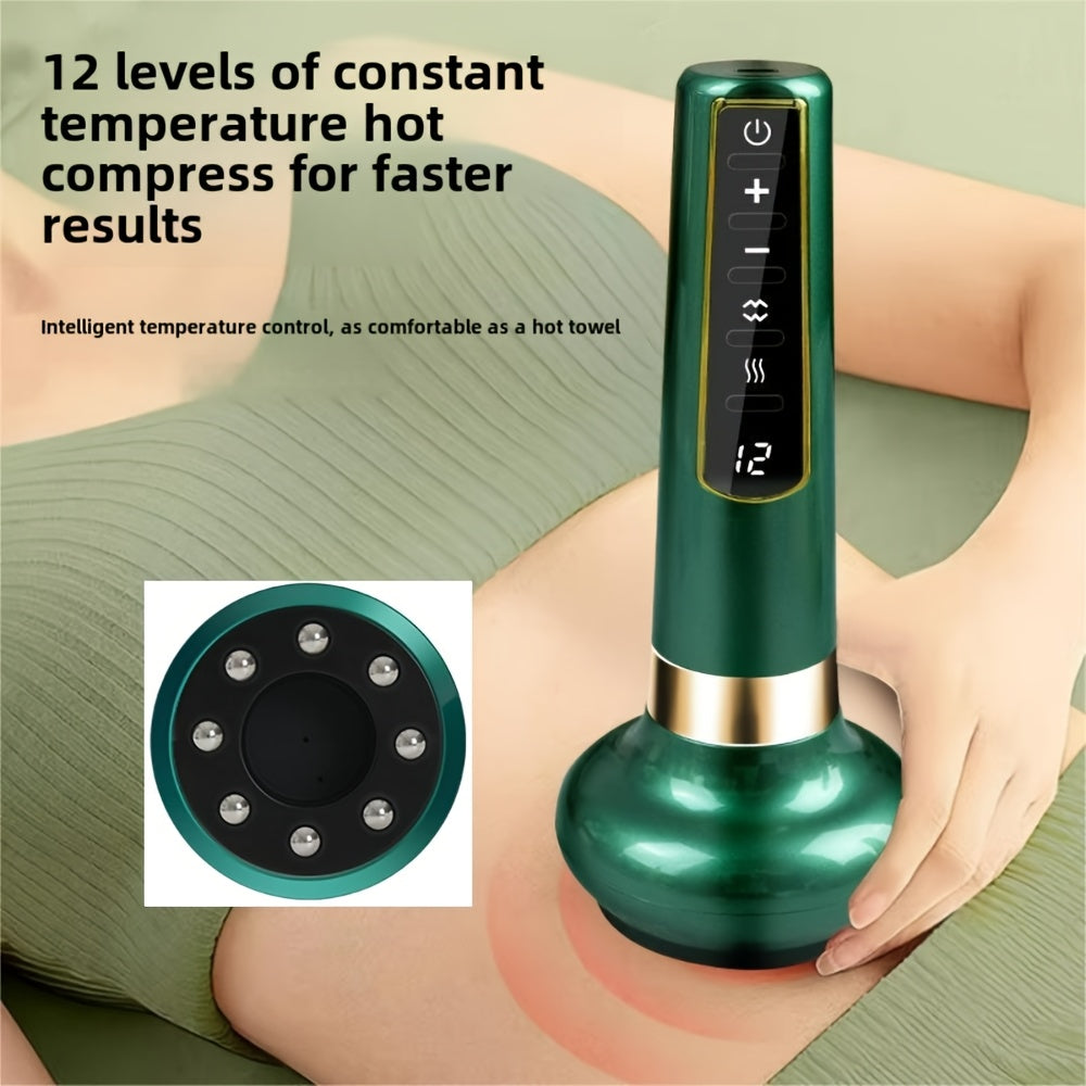 12-darajali elektr vakuumli bankalar massaj qiluvchi, tanani qirqish vositasi, issiq siqish, po'lat sharli rolik va 1800mAh litiy batareyasi bilan.