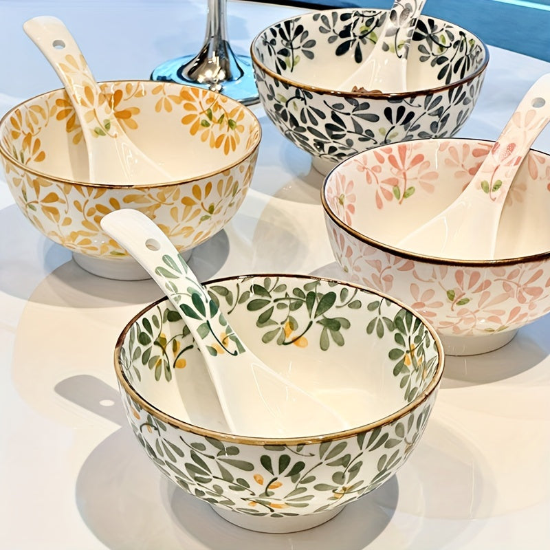 Set of 4 Ceramic Bowls with Floral Patterns, Dishwasher Safe, Oven and Microwave Safe