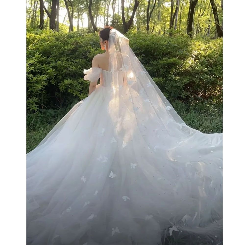 White Bridal Veil with 3D Butterfly Appliques Long Cathedral Tulle Wedding Headpiece