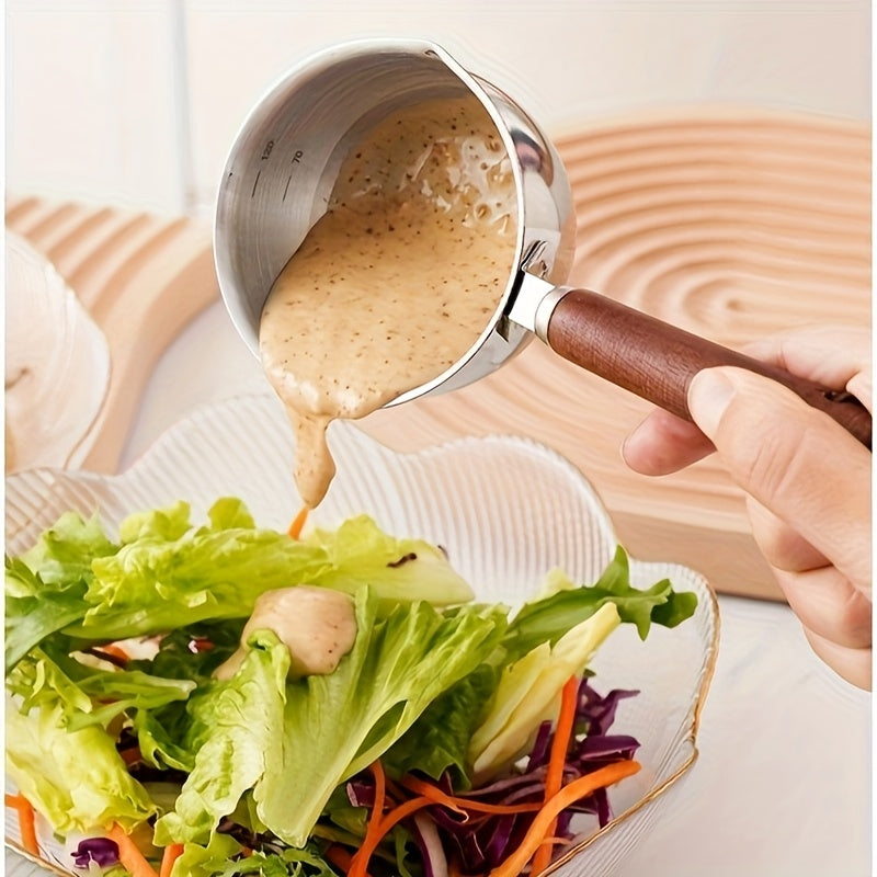 Stainless steel milk warmer with wooden handle for coffee and liquids