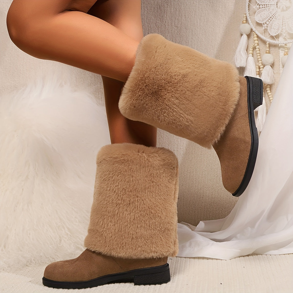 Women's Solid Color Mid-Calf Fluffy Winter Boots with Slip-On Closure
