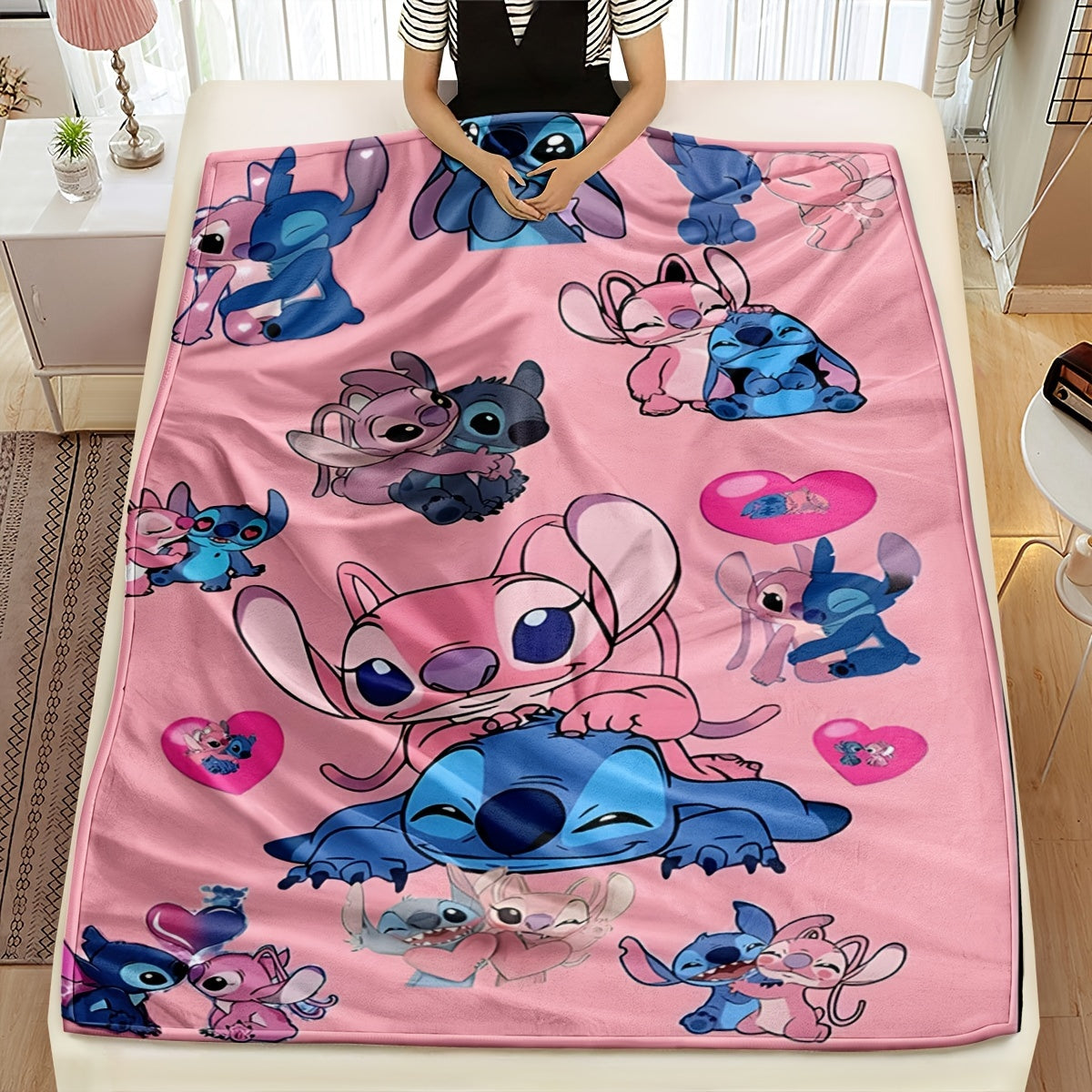 Pink Heart Stitch Cartoon Blanket Multi-Functional Knit Polyester Throw for Bedroom Couch Car