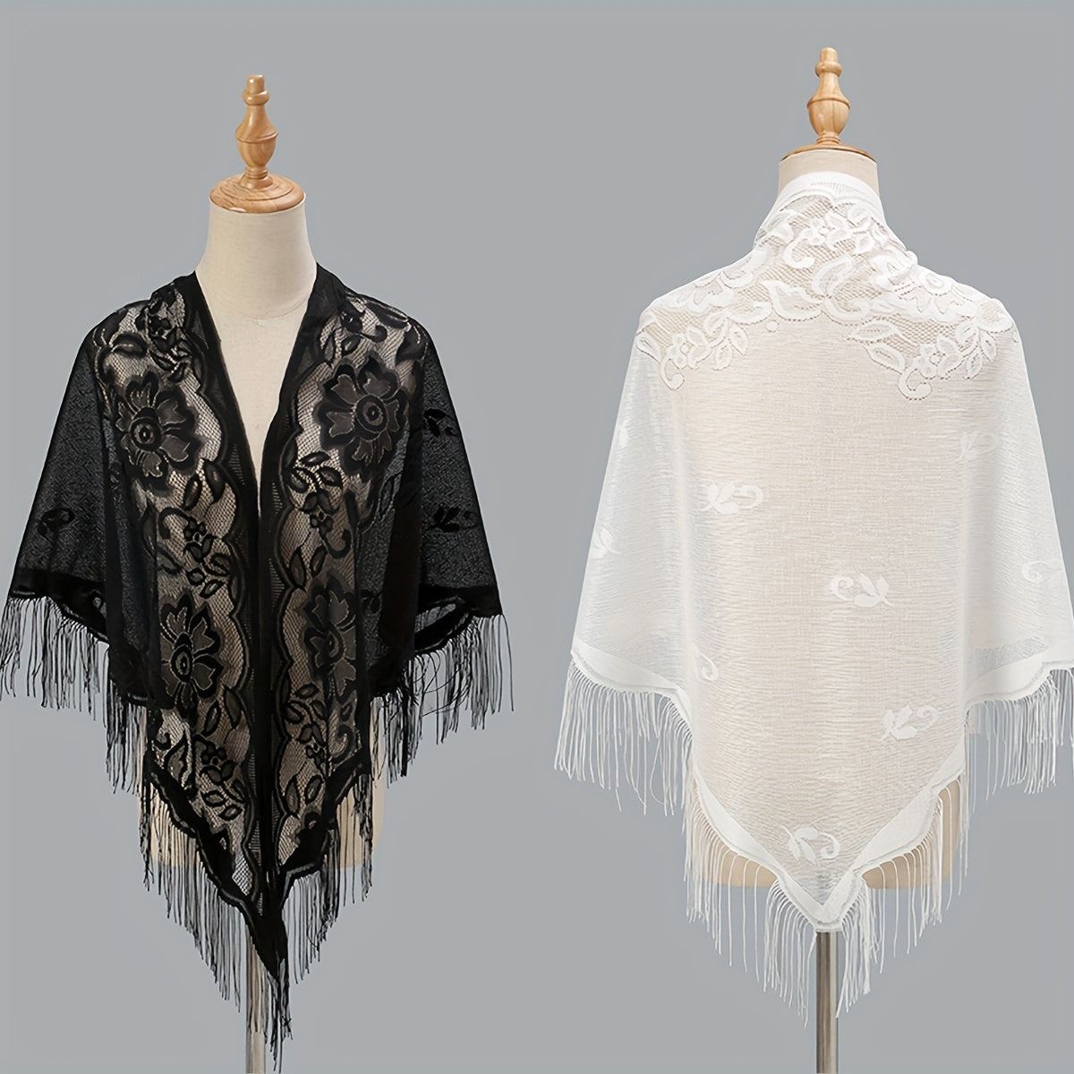 Elegant Women's Cardigan Shawl with Monochrome Lace Tassel Embroidery