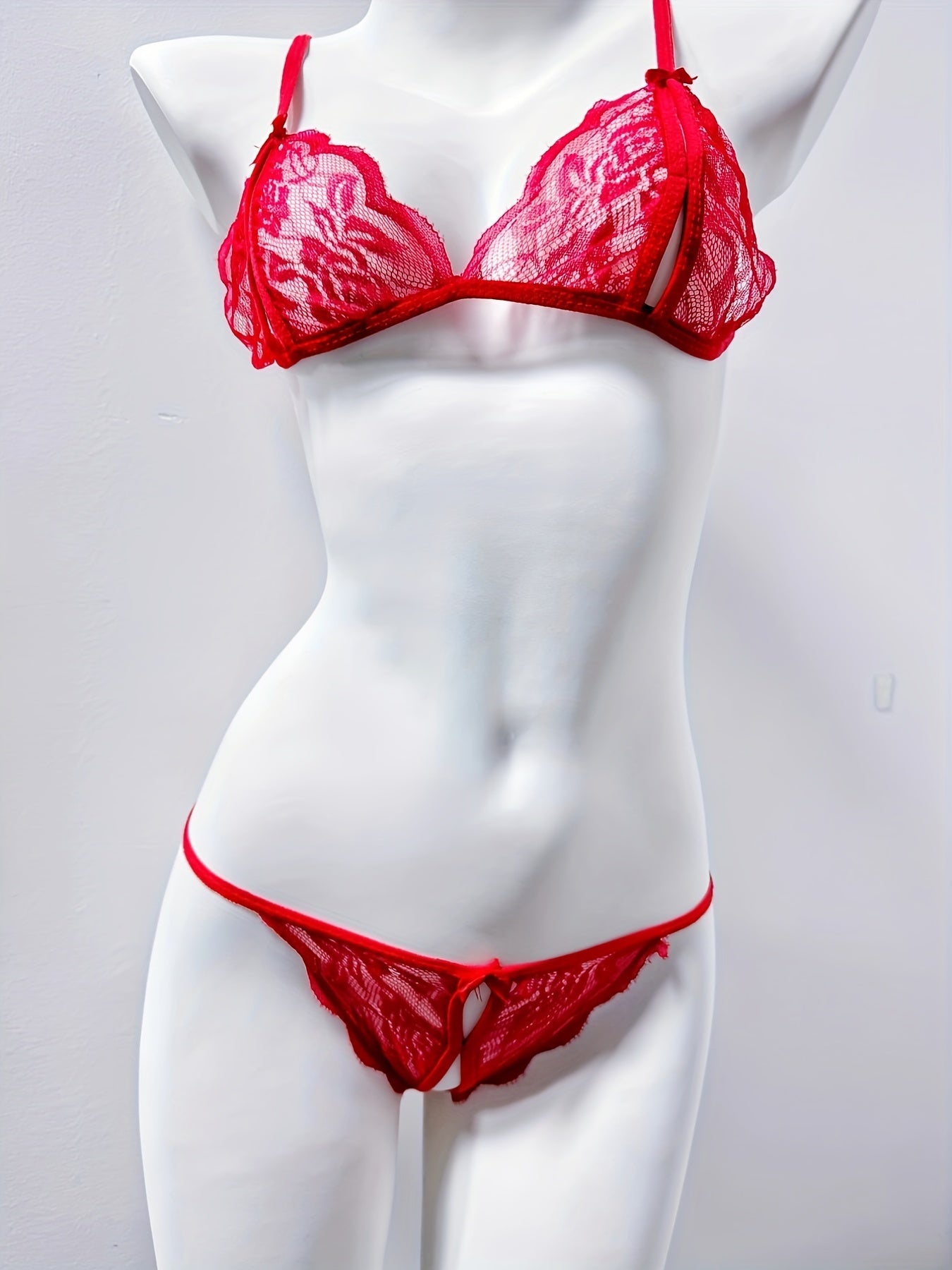 Women's Floral Lace Lingerie Set Triangle Bra and Open Crotch Thong
