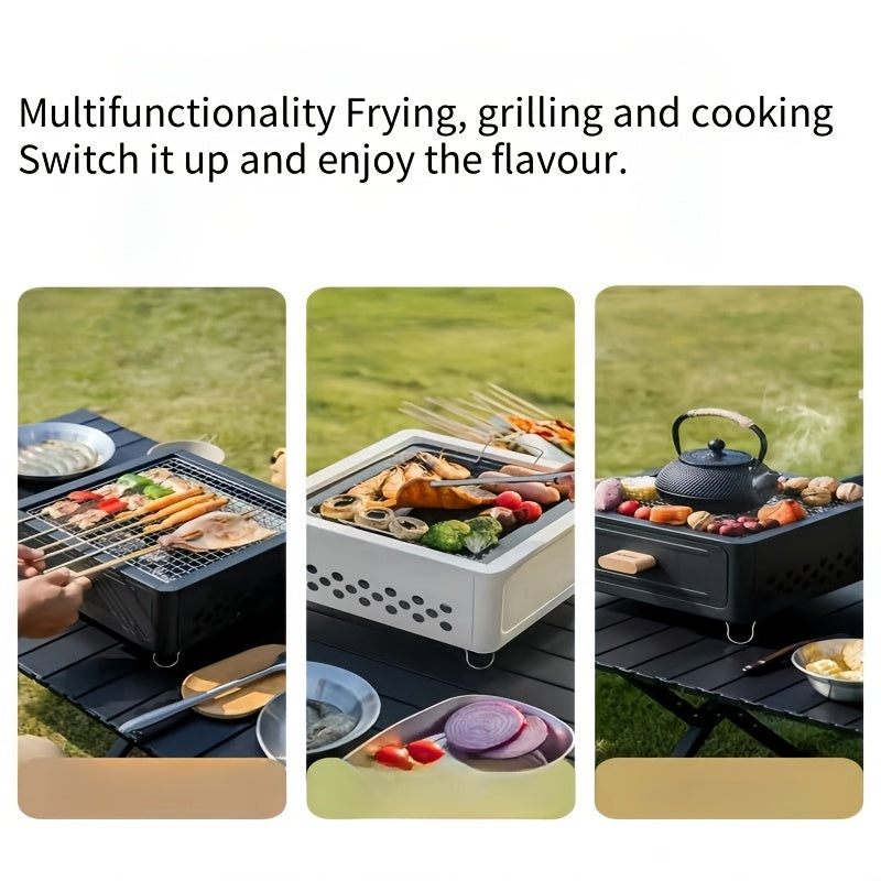Portativ kvadrat ko'mir grill va choy qovurish uchun ventilyatsiya teshiklari va ergonomik tutqichlar bilan sayohat, hovli va pikniklar uchun. Qattiq dizayni bilan grill qilish va choy damlash uchun mo'ljallangan, qulay