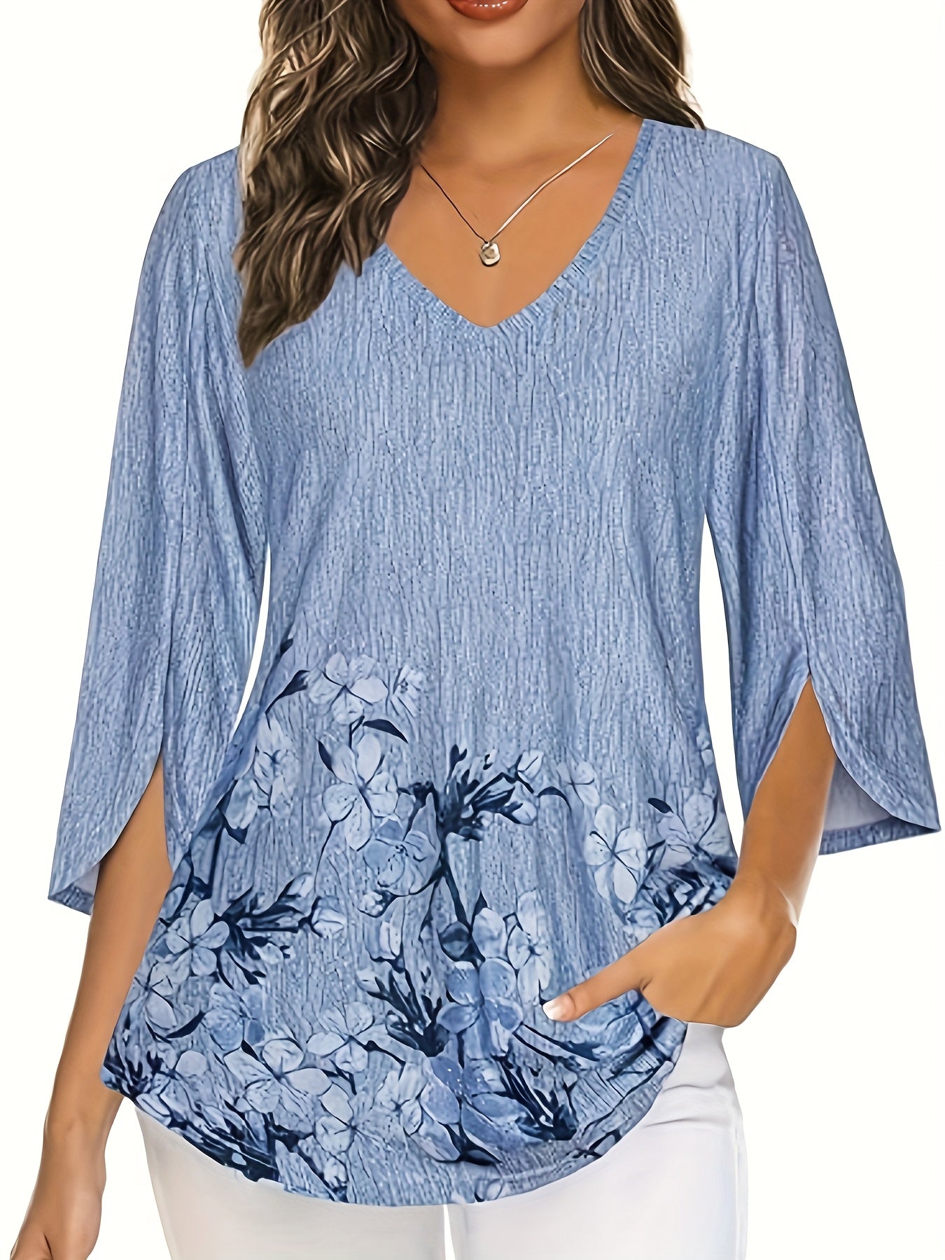 Women's V-Neck Longline Blouse with Floral Print, 3/4 Sleeves, Casual Fit