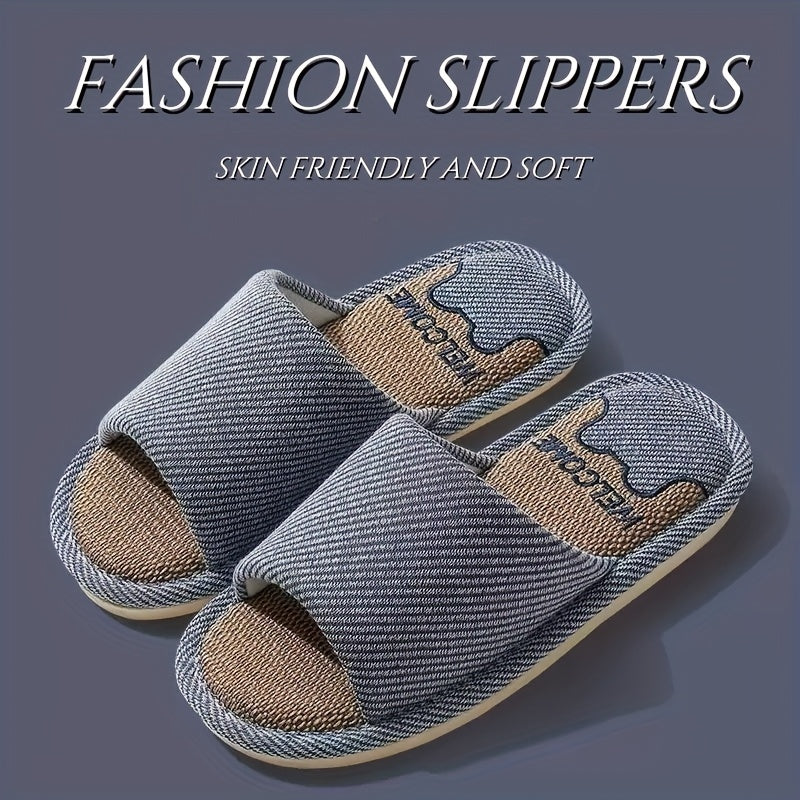Unisex Linen Slip-On Slippers Breathable Non-Slip Indoor House Shoes