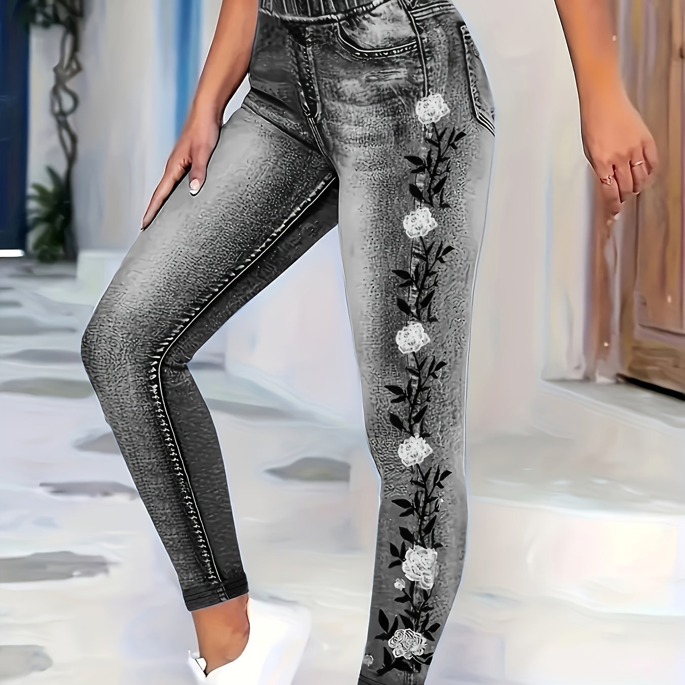 High Waist Faux Denim Print Leggings for Daily Wear Women Long Stretch Skinny Tights